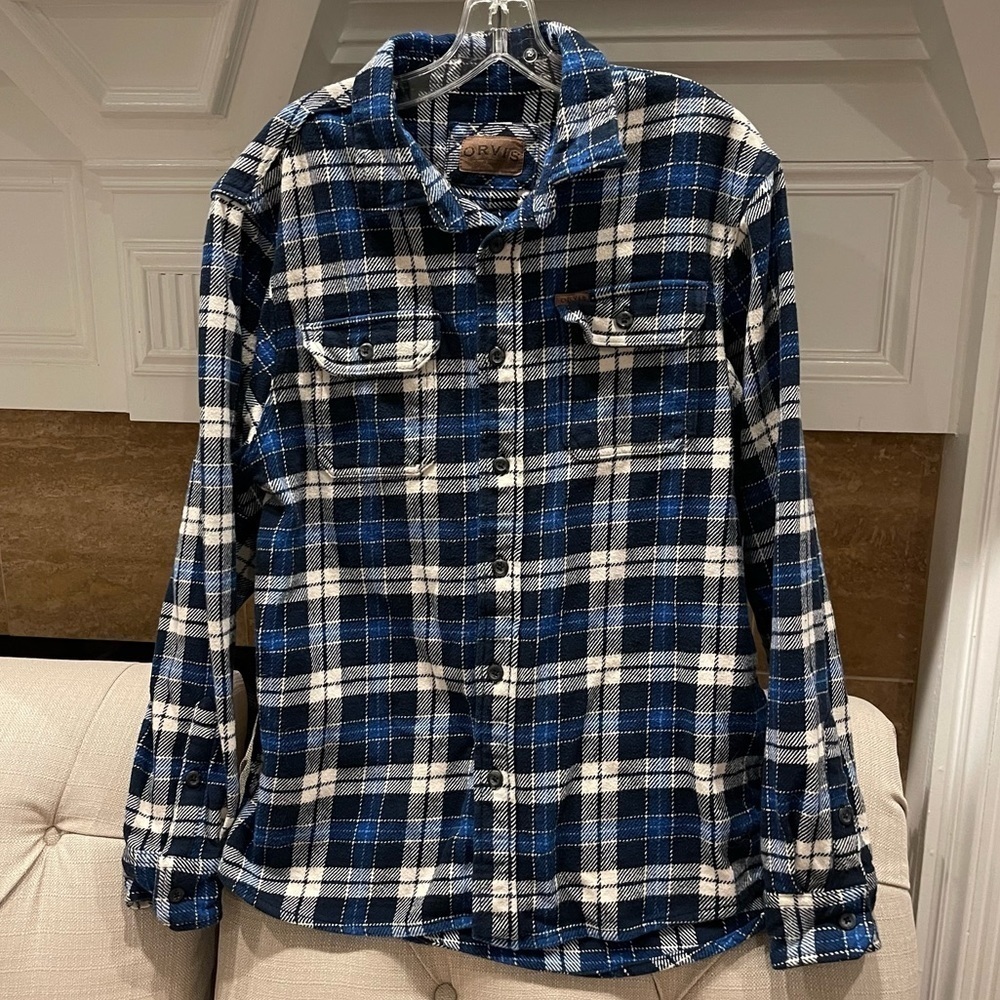 I: ORVIS Men’s Thick Cotton Flannel Overshirt Shirt Jacket W/Pockets Blue Size L